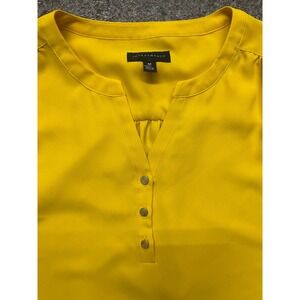Investments Womens Medium Yellow Split Neck Button Front Blouse Long Sleeve Top